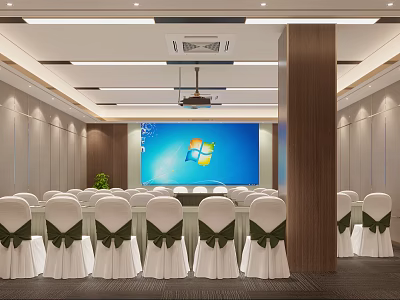 Modern Conference Room Interior Design With Projection Screen White Chair Covers And Green Bows 3d model