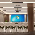 Modern Conference Room Interior Design With Projection Screen White Chair Covers And Green Bows