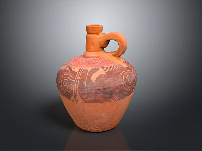 Traditional Clay Pot With Bulbous Body Painted Red Black Patterns And Loop Handle 3d model