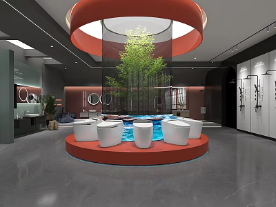 Modern Interior Space With Circular Red Platform White Seats Central Pool And Green Bamboo Plant 3d model