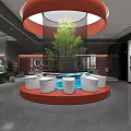 Modern Interior Space With Circular Red Platform White Seats Central Pool And Green Bamboo Plant