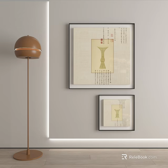 Two Abstract Paintings With Calligraphy Elements On Wall Modern Minimalist Frames And Floor Lamp 3d model