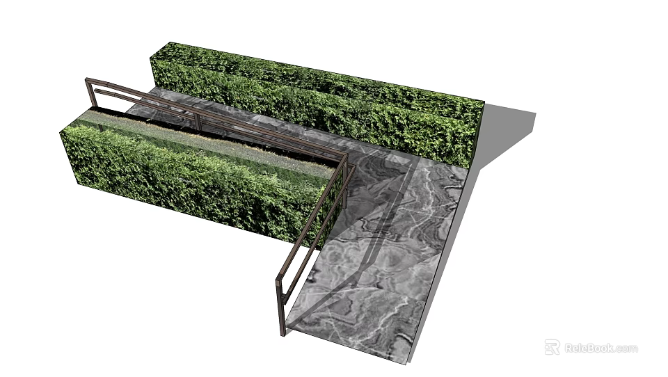Outdoor Green Hedge Fence With Metal Railings And Stone Pavement 3d model 