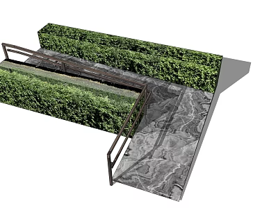 Outdoor Green Hedge Fence With Metal Railings And Stone Pavement 3d model