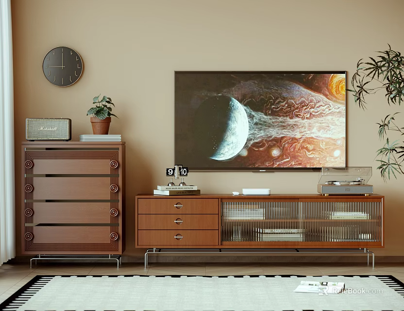 Wooden TV Stand With Large TV Planetary Scene Wall Clock And Potted Plant 3d model 