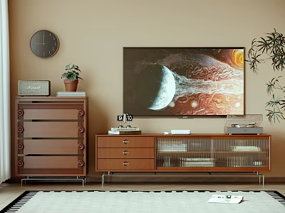Wooden TV Stand With Large TV Planetary Scene Wall Clock And Potted Plant 3d model