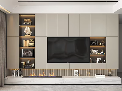Modern TV Wall Design With Light Gray Cabinets Lit Display Shelves Decorative Items And Fireplace 3d model