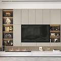 Modern TV Wall Design With Light Gray Cabinets Lit Display Shelves Decorative Items And Fireplace
