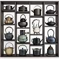 Various Tea Sets Collection Displayed on Multi Layered Shelf with Assorted Designs 3d model