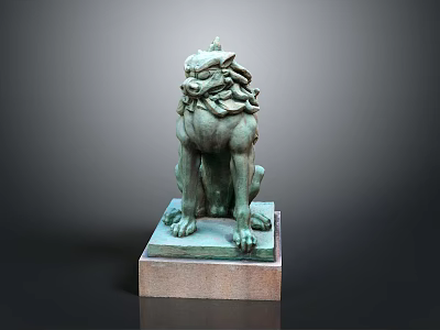 Ancient Bronze Lion Sculpture With Square Stone Base And Intricate Details 3d model