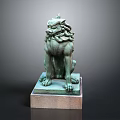 Ancient Bronze Lion Sculpture With Square Stone Base And Intricate Details