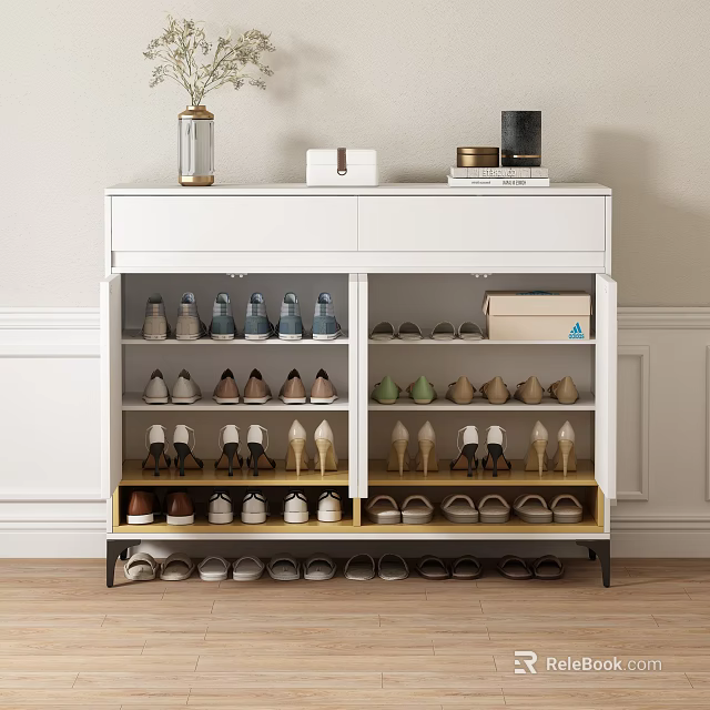 Modern Shoe Cabinet With Multiple Shelves Storing Various Shoes And Top Decorations 3d model 