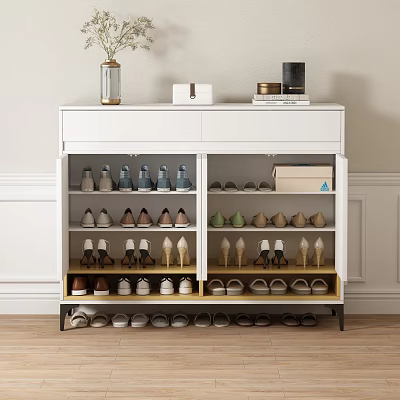 Modern Shoe Cabinet With Multiple Shelves Storing Various Shoes And Top Decorations 3d model