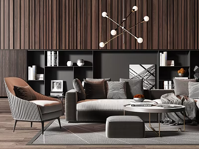 Elegant Modern Sofa and Coffee Table Set with Plush Pillows Armchair Area Rug and Chandelier 3d model