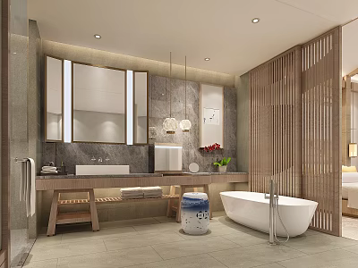 Modern Luxurious Hotel Bathroom With Free Standing Bathtub Marble Countertop Large Mirror Wooden Partition And Hanging Lights 3d model
