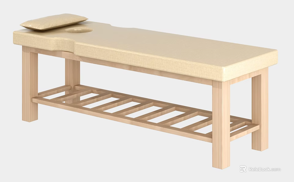 Wooden Massage Table Featuring Beige Cushion And Lower Shelf Structure 3d model