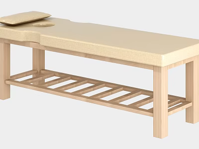 Wooden Massage Table Featuring Beige Cushion And Lower Shelf Structure 3d model