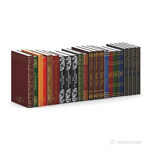 Colorful Hardcover Books With Decorative Spines And Varied Classic Designs Arranged In A Row 3d model 