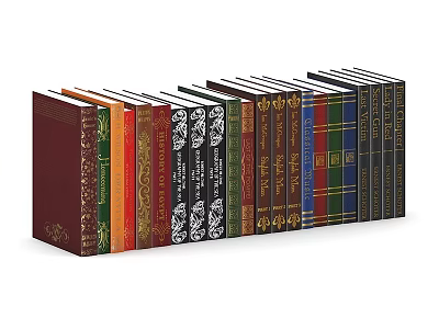 Colorful Hardcover Books With Decorative Spines And Varied Classic Designs Arranged In A Row 3d model