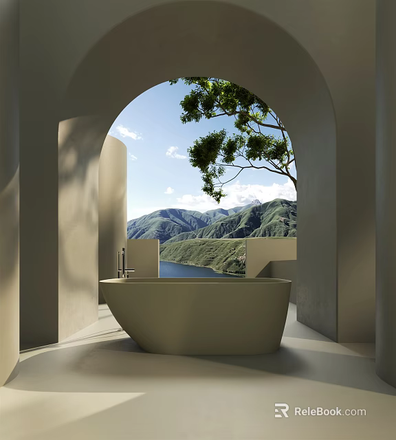 Serene Freestanding Bathtub With Arched Doorway Overlooking Lake Mountains Tree And Cloudy Sky 3d model 