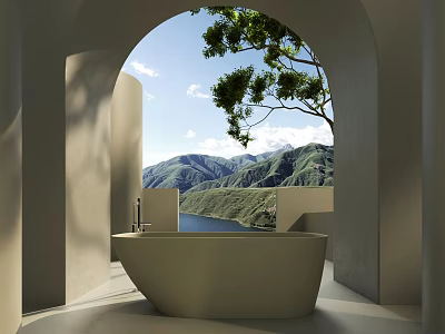 Serene Freestanding Bathtub With Arched Doorway Overlooking Lake Mountains Tree And Cloudy Sky 3d model