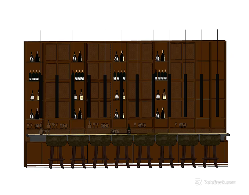 Wooden Bar Counter With Wine Racks And High Stools For Modern Venue 3d model 