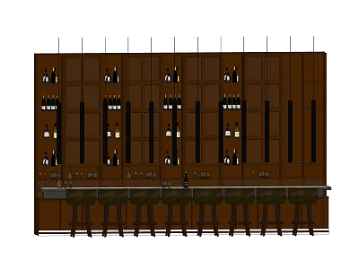 Wooden Bar Counter With Wine Racks And High Stools For Modern Venue 3d model