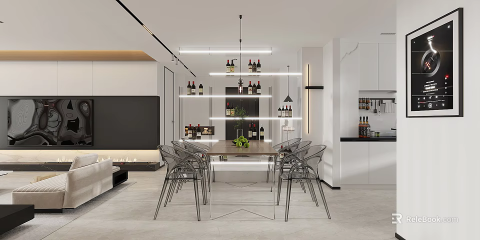 Modern Dining Room Interior With Glass Dining Table Acrylic Chairs Pendant Lights And Wine Bottles 3d model 