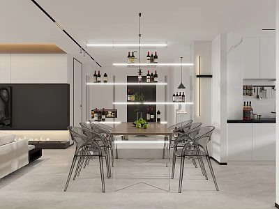 Modern Dining Room Interior With Glass Dining Table Acrylic Chairs Pendant Lights And Wine Bottles 3d model