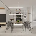 Modern Dining Room Interior With Glass Dining Table Acrylic Chairs Pendant Lights And Wine Bottles