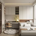 Modern Tatami Bedroom with Bed Desk Chair Cozy Rug Cabinets Window Blinds and Potted Plant