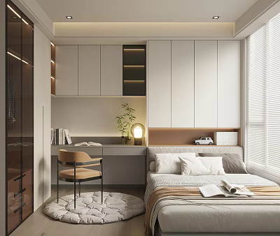 Modern Tatami Bedroom with Bed Desk Chair Cozy Rug Cabinets Window Blinds and Potted Plant 3d model
