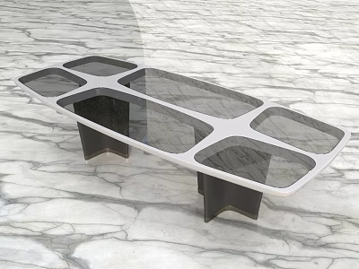 Modern Conference Table With Glass Top And Black Supporting Legs On Marble Floor 3d model