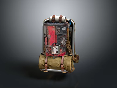Mechanical Backpack With Red Panel Metal Frame And Leather Straps 3d model