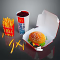 Delicious Fast Food Meal With Hamburger In Open Box Crispy Fries And Cold Drink
