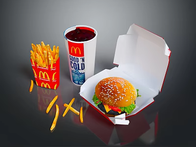 Delicious Fast Food Meal With Hamburger In Open Box Crispy Fries And Cold Drink 3d model