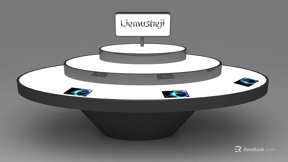 Circular Multi Tiered Display Stand With Top Sign And Displayed Products 3d model