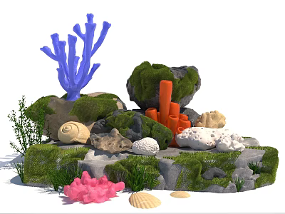 Micro Terrain Scene With Moss Covered Rocks Colorful Corals Shells And Seaweed 3d model