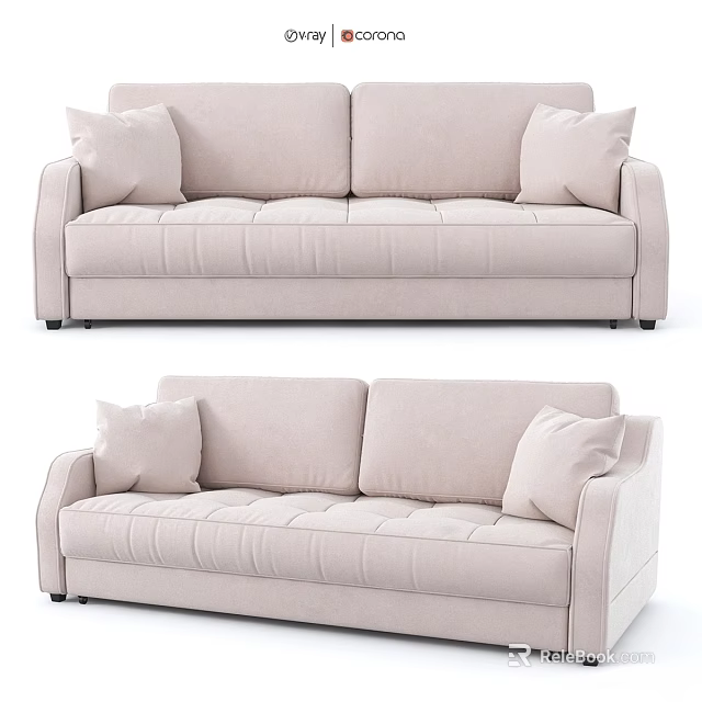 Beige Fabric Upholstered Sofa With Modern Design And Comfortable Pillows 3d model