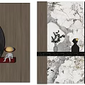 Wooden And Marble Texture Background Wall With Circular Decoration Gold Accent Floating Shelf And Figurines