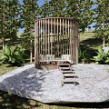 Scenic Park Landscape With Tall Trees Wooden Pavilions Stone Paved Seats And Grassy Lawn
