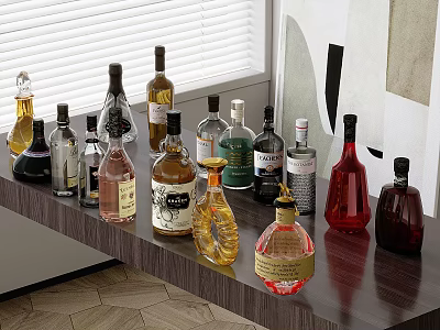 Variety of Wine Bottles Displayed on Wooden Table 3d model