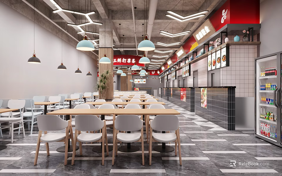 Modern Restaurant Interior With Wooden Dining Tables White Chairs And Pendant Lights 3d model 
