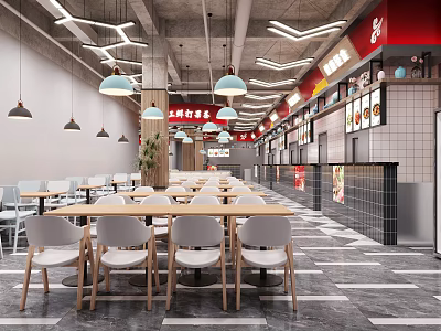 Modern Restaurant Interior With Wooden Dining Tables White Chairs And Pendant Lights 3d model