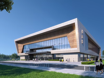 Modern Gymnasium Exterior Featuring Glass Curtain Wall Wooden Accents And People Walking 3d model