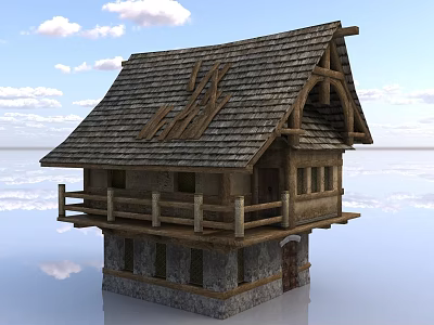 Ancient Wooden Building With Tile Roof Wooden Balcony And Stone Base 3d model