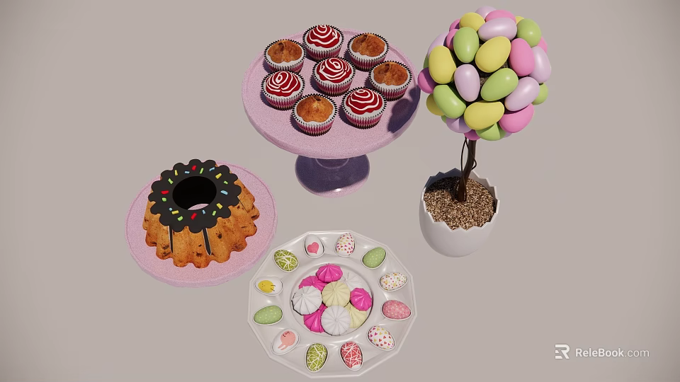 Festive Easter Dessert Display With Colorful Cupcakes Ring Cake Candy Eggs And Pastries 3d model 