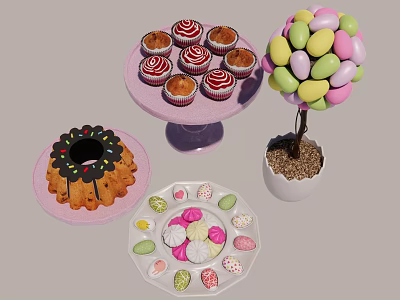 Festive Easter Dessert Display With Colorful Cupcakes Ring Cake Candy Eggs And Pastries 3d model