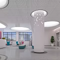 Modern Waiting Area Interior With Pink Wall Circular Lights Blue Sofa And White Reception Desk