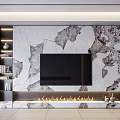 Modern TV Wall Design with Marble Texture Built-in TV and Fireplace Wooden Panels